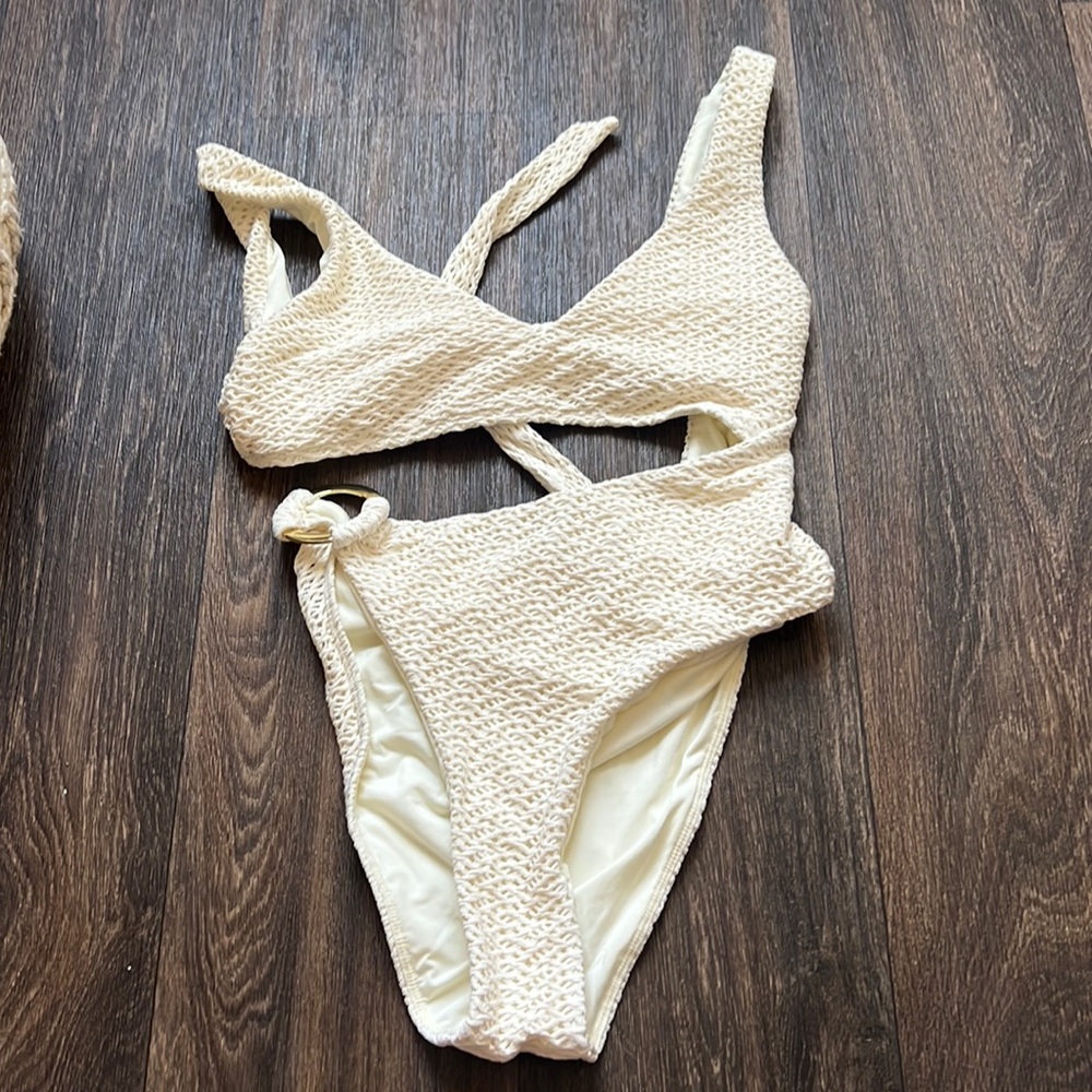 Monday Swimwear Cream Textured One-Piece Cutout Swimsuit